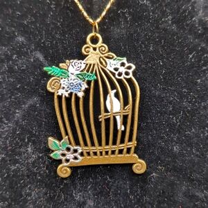 Gold Toned Necklace With Birdcage Floral Focus